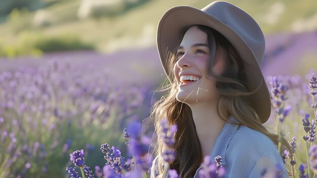 Jovem mulher bonita desfrutando do cheiro de flores de lavanda em um campo