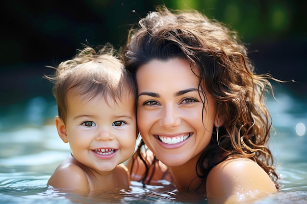 Jovem mulher bonita e seu bebê na piscina