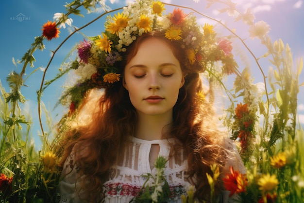 Jovem mulher bonita em coroa de flores em um prado ensolarado coroa floral símbolo do solstício de verão bruxa verde