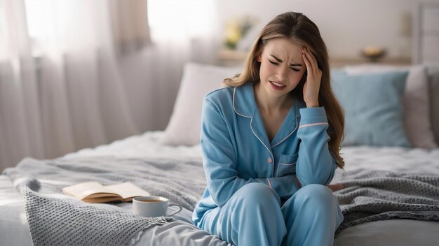 Jovem mulher bonita em pijama azul sentada na cama tocando sua cabeça olhando descontente tendo ele