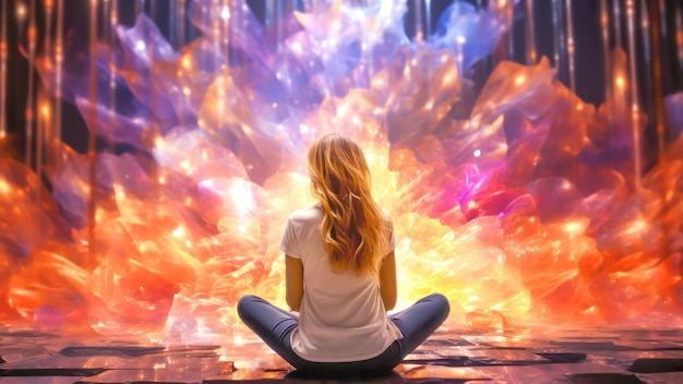 Jovem mulher bonita em posição de lótus serena em frente a uma explosão emocional colorida e brilhante de luz
