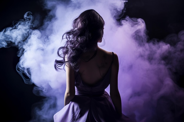 Jovem mulher bonita em um vestido roxo dançando no escuro com fumaça Generative AI