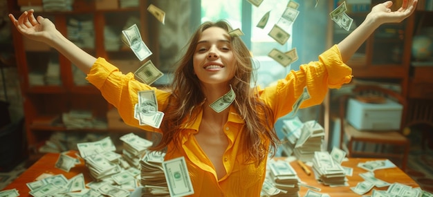 Foto jovem mulher bonita está jogando dinheiro na câmera sentada entre as notas de dólar voadoras na mesa no interior do sótão
