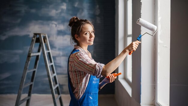 Jovem mulher bonita faz reparos no apartamento pinta as paredes com um trabalho molar de rolo