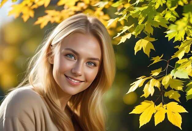 Jovem mulher bonita feliz no parque de outono com espaço de cópia