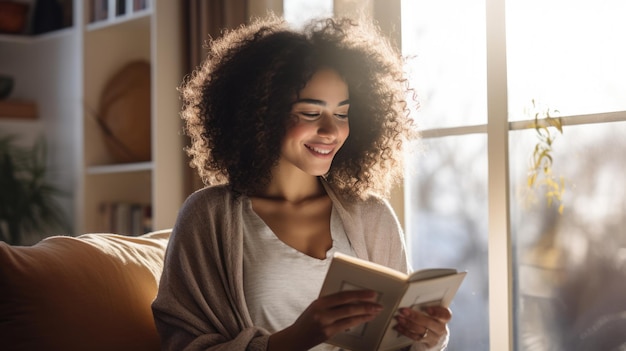 Foto jovem mulher bonita lendo um livro em casacriado com tecnologia generative ai