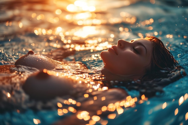 Foto jovem mulher bonita nudista flutuando na água nua desfrutando de relaxamento com os olhos fechados no pôr do sol