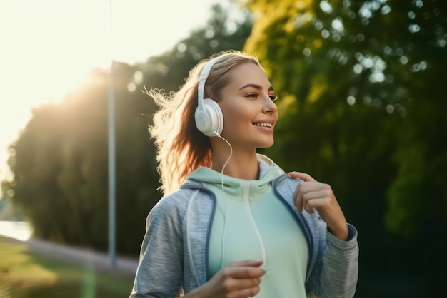 Foto jovem mulher bonita ouvindo música correndo na rua da cidade ia generativa