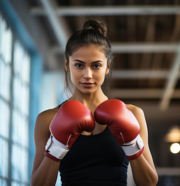 Jovem mulher bonita posando com luvas de boxe