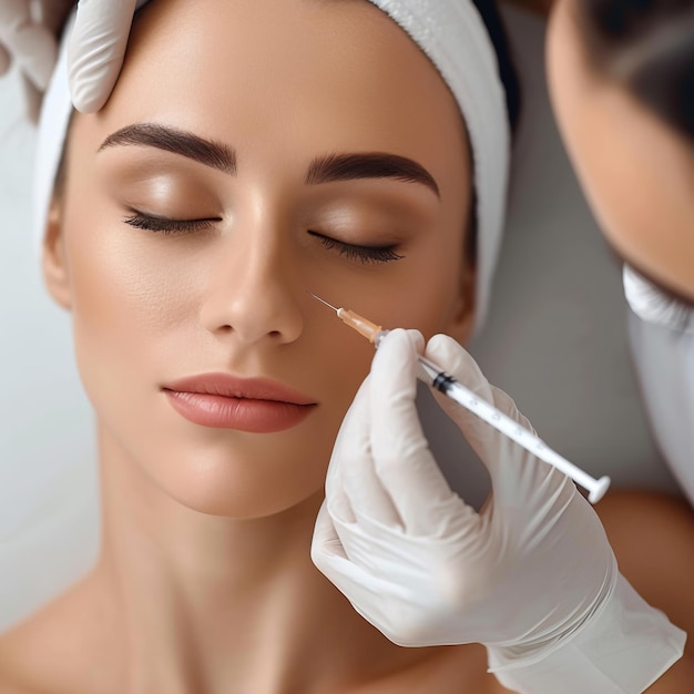 Jovem mulher bonita recebendo injeção de Botox para reduzir rugas em uma clínica de beleza moderna Abordagem profissional de um médico especialista Medicina estética Rejuvenescimento e procedimento de beleza