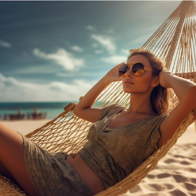 Jovem mulher bonita relaxando na rede na praia ao pôr do sol