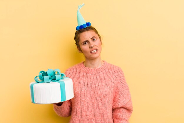 Jovem mulher bonita se sentindo confusa e confusa conceito de aniversário