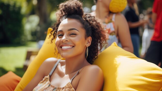 Jovem mulher bonita sentada em uma festa