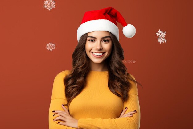 Jovem mulher bonita sobre fundo isolado usando chapéu de natal rosto feliz sorrindo com braços cr