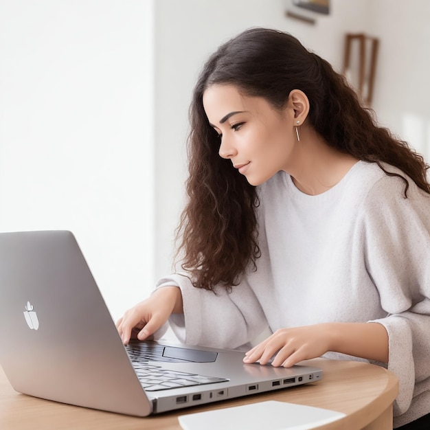 Jovem mulher bonita sorrindo feliz e trabalhando usando computador laptop ai gerado