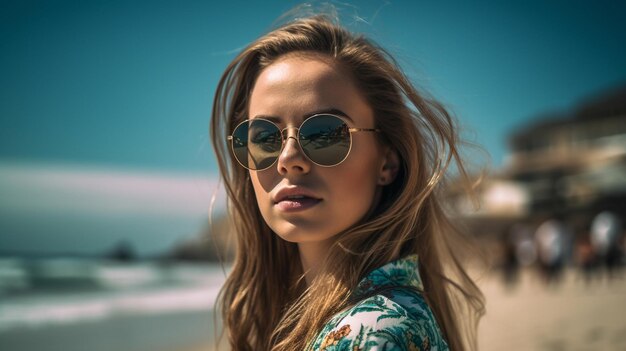 Jovem mulher bonita usando óculos escuros elegantes na praia Generative AI