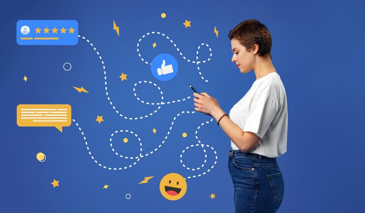 Foto jovem mulher bonita usando telefone celular para verificar as mídias sociais