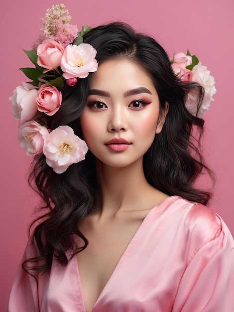 Jovem mulher bruneta asiática com penteado de flores de primavera em seu cabelo em um fundo rosa sólido com espaço de cópia beleza feminina retrato maquiagem penteado estilista energia feminina AI genetizado