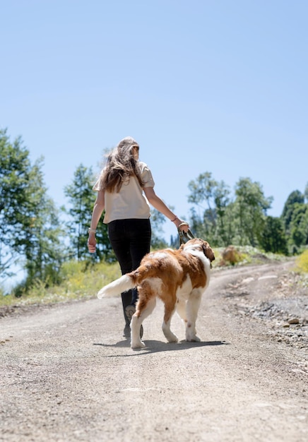 Foto jovem mulher caucasiana bonita sorrindo segurando um cão stbernard mulher viajar com animal de estimação vista de trás