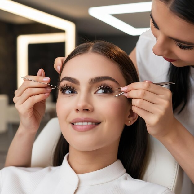 Foto jovem mulher caucasiana fazendo um procedimento de extensão de pestanas em um salão de beleza