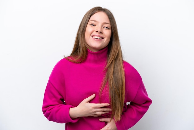 Jovem mulher caucasiana isolada no fundo branco sorrindo muito