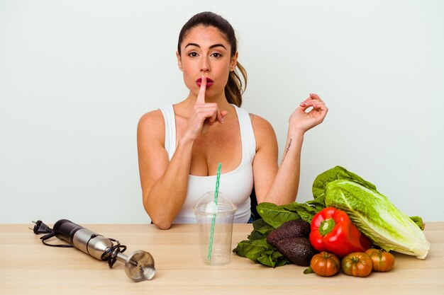 Jovem mulher caucasiana, preparando um smoothie saudável com legumes, mantendo um segredo ou pedindo silêncio.