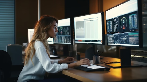 Jovem mulher caucasiana programando em computador de mesa com dois monitores configurado em um escritório espaçoso