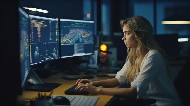 Jovem mulher caucasiana programando em computador de mesa com dois monitores configurado em um escritório espaçoso