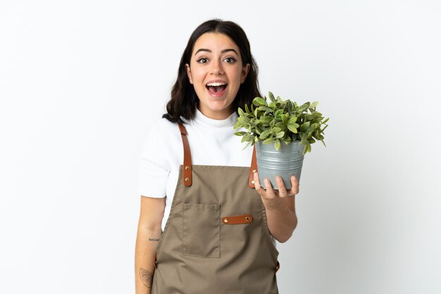 Jovem mulher caucasiana segurando uma planta isolada no fundo branco com expressão facial surpresa e chocada