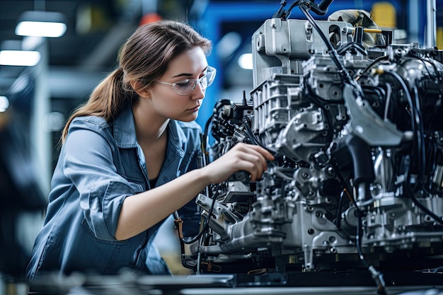 Jovem mulher caucasiana trabalha em uma oficina de reparo de carros Ela verifica o funcionamento das unidades e os contatos do sistema elétrico do motor