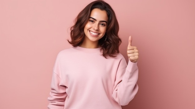 jovem mulher caucasiana vestindo suéter rosa casual sorrindo com um dedo feliz e frio apontando o rosto dedo para o lado e mostrando algo