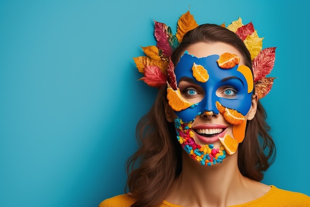 Jovem mulher causiana usando uma máscara de carnaval de outono isolada em fundo azul generativo ai