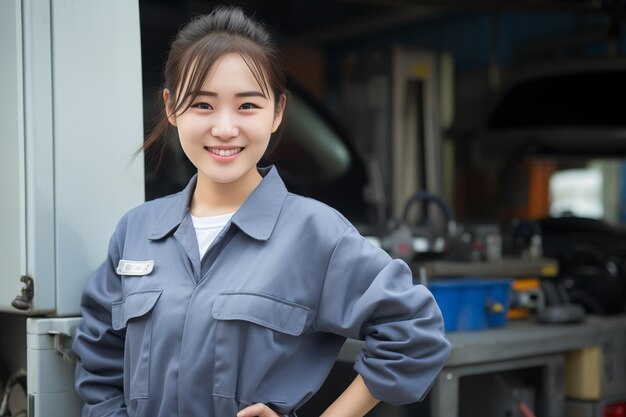 Jovem mulher chinesa bonita ao ar livre em uniforme mecânico