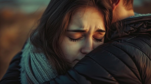 Jovem mulher chorando em busca de consolo e abraçando seu namorado com os olhos fechados