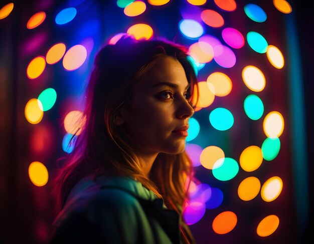 Jovem mulher coberta de luzes multicoloridas bokeh fundo AI generativo