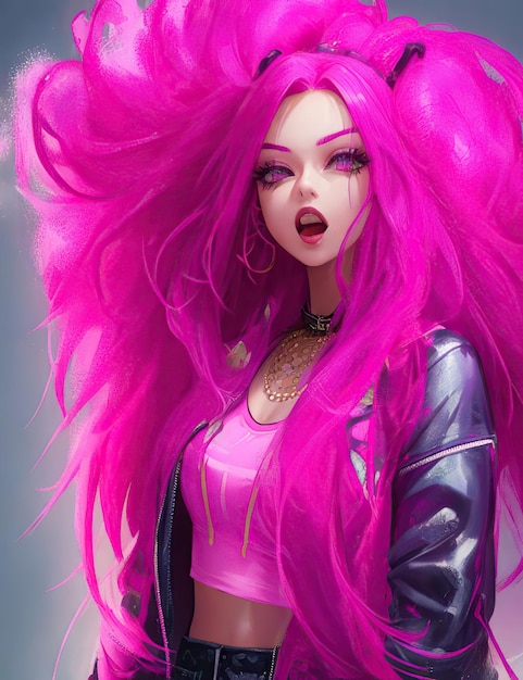 jovem mulher com anime de cabelo longo rosa
