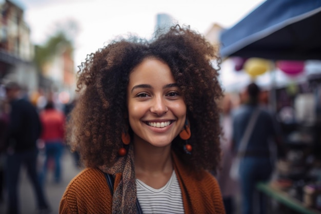 Jovem mulher com cabelo encaracolado natural e um sorriso brilhante desfrutando de um colorido mercado ao ar livre