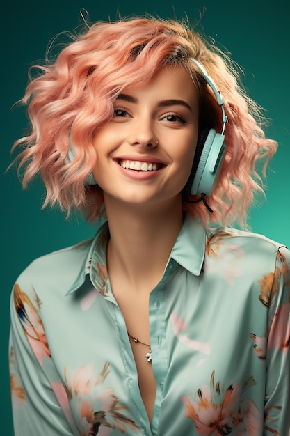 Foto jovem mulher com cabelo rosa ouvindo música sobre fundo rosa electono no estilo de smilecore tecidos colorblocked azul claro e verde 32k uhd ondulado coloração vibrante dr seuss