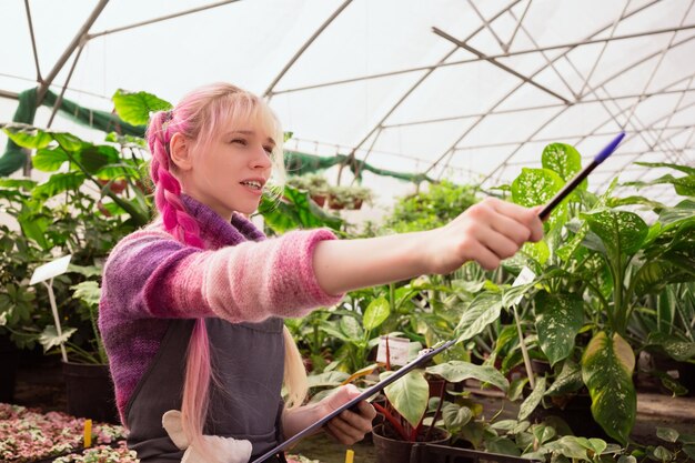 jovem mulher com cabelo rosa trabalhando em grande estufa