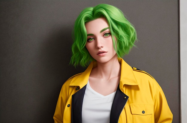 Jovem mulher com cabelo verde na jaqueta Retrato de uma linda mulher com imagem brilhante Generative AI