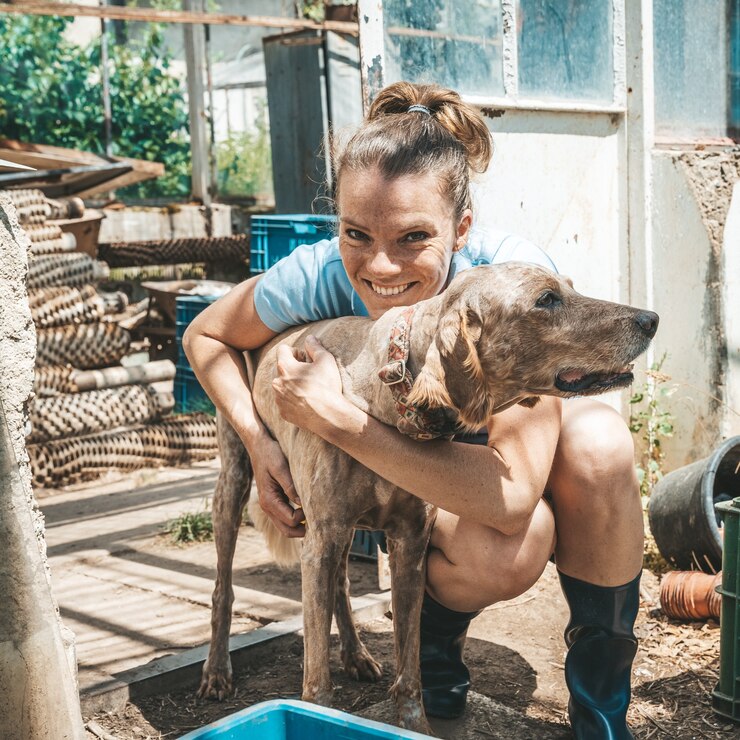 Foto jovem mulher com cachorros em uma estufa na fazenda