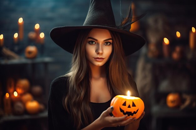 jovem mulher com fantasia de halloween de bruxa usa chapéu de bruxa segura abóbora Jack O Lanterns