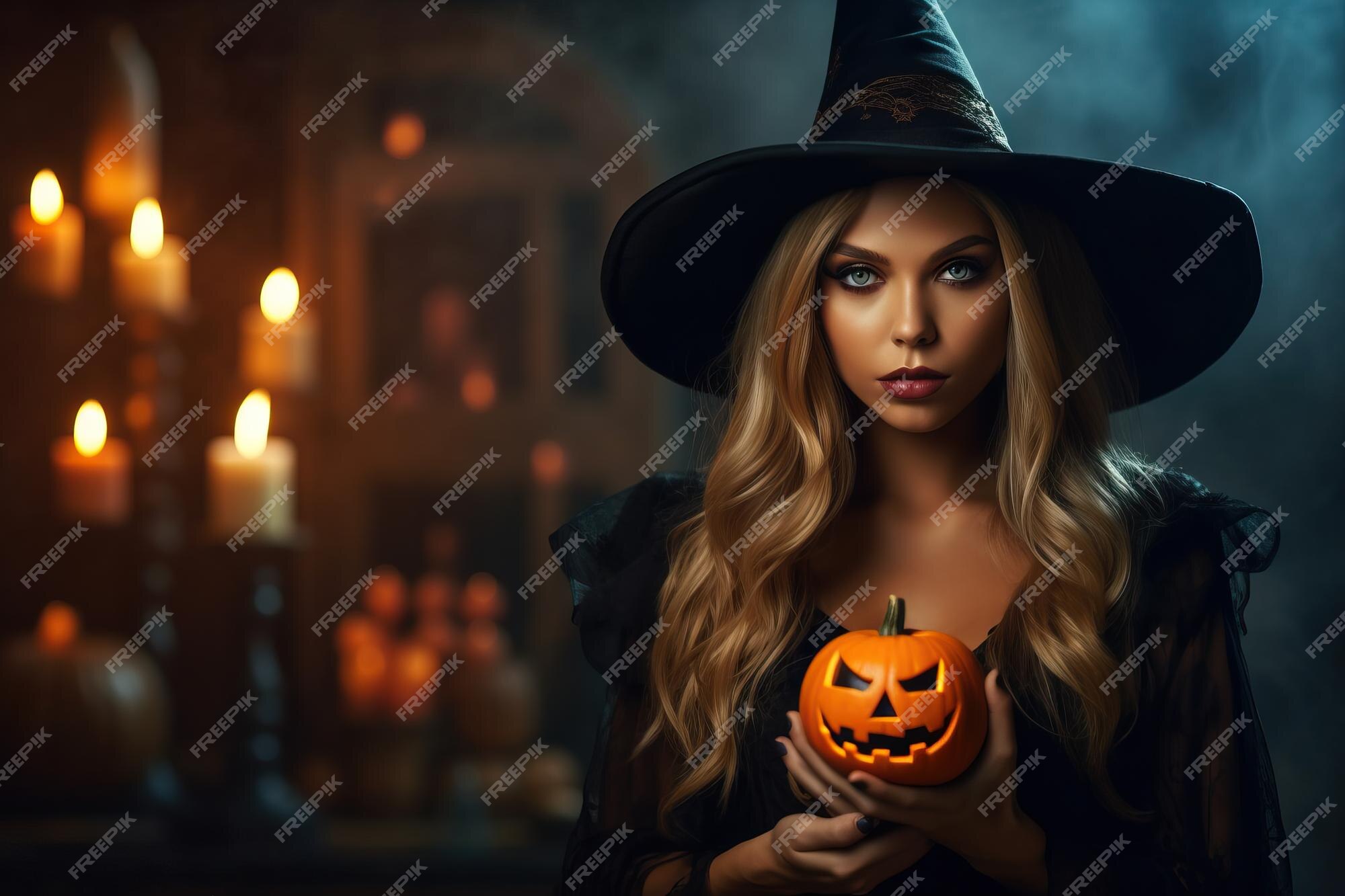 Uma Jovem Bruxa Bonita Em Um Chapéu Cônico Segura Uma Abóbora De Halloween  Em Suas Mãos E Faz Um Feitiço Com Sua Mão. Foto Royalty Free, Gravuras,  Imagens e Banco de fotografias.