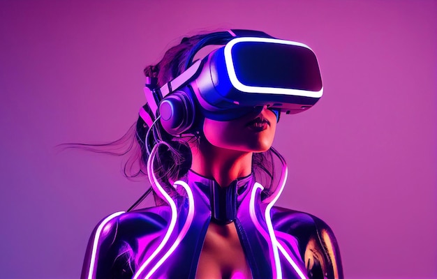 Jovem mulher com luzes de neon usando fone de ouvido VR e experimentando metaverso de realidade virtual