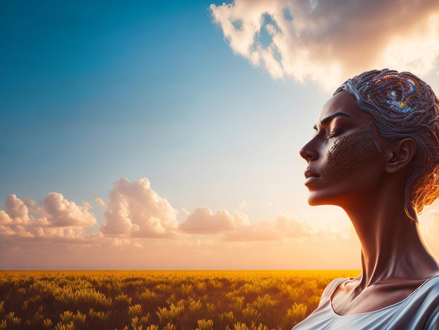 Jovem mulher com os olhos fechados meditando sobre a bela cena da natureza ao pôr do sol gerada por IA