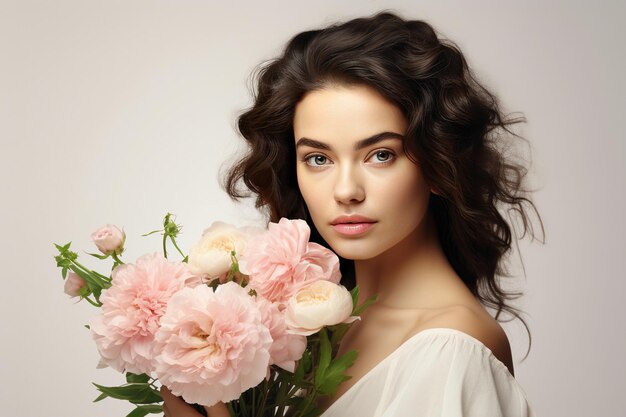 Jovem mulher com um buquê de flores Cartaz publicitário banner retrato Pessoa inexistente personagem fictício