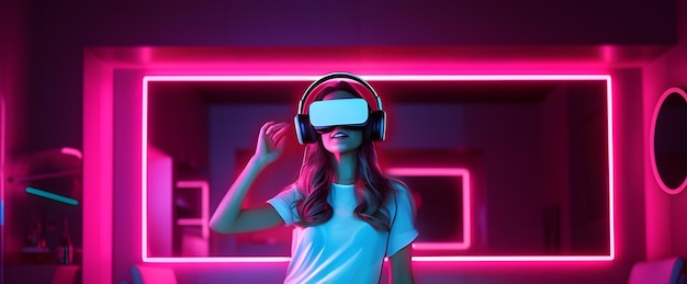 Jovem mulher com um fone de ouvido VR e experimentando realidade virtual gerada por IA