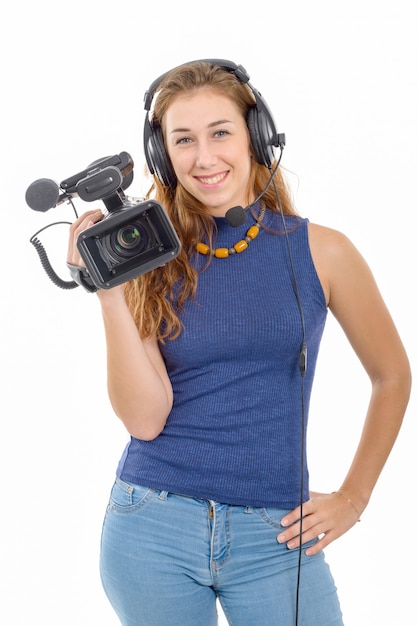 Foto jovem mulher com uma câmera de vídeo, em fundo branco