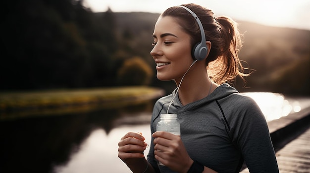 Jovem mulher correndo e ouvindo música água com fones de ouvido generativa ai