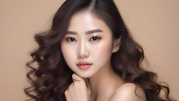 Jovem mulher de beleza asiática, cabelos longos e encaracolados com estilo de maquiagem coreano toca seu rosto e pele perfeita